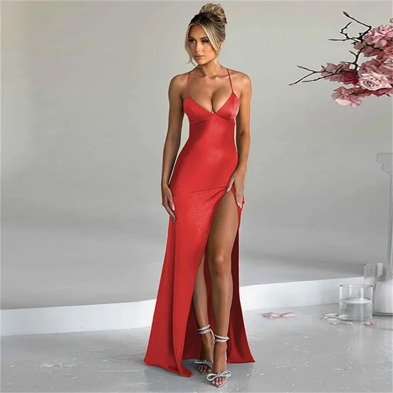 Vestido sexy com decote em V aberto e renda nas costas, novidade de fábrica, moda verão 2024, novidade por atacado