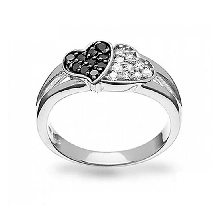 Keiyue value 925 anillos de corazón doble de plata italiana con piedra negra blanca para parejas mejor regalo