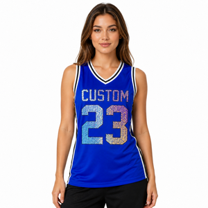 Maillot de basket personnalisé scintillant pour femme – Nom et numéro d'équipe personnalisables – Tenue de sport à paillettes - Product Image 1