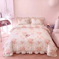 Ensemble de literie en coton rose romantique, style princesse, housse de couette à volants avec taies d'oreiller, ensemble 3 pièces