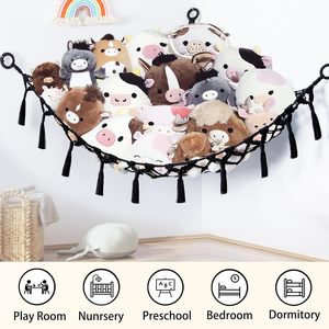 Hanging Net <b>Hammock</b> 55x55x72 Inches Black Triangular Stuffed Animal Storage Organizer Boho Tassel Decor - Product Image 3