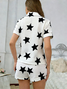 Set Pigiama da Donna in Tessuto Intrecciato, Maniche Corte con Motivo a Stelle e Colletto - Product Image 5