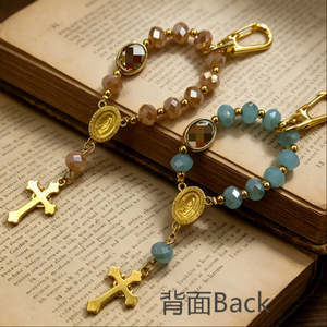 Porte-clés en cristal bleu champagne, alliage de zinc, pendentif croix perlé fait main, breloque portable pour téléphone portable, cadeau pour couple - Product Image 1
