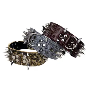 Customized Luxury Leather Studded Spiked Dog Collar with Spikes Print Pet Designer Collars Leather Spike Dog Collars