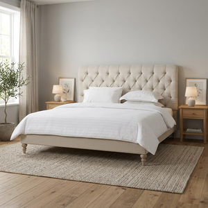 Soft Tufted Headboard <b>Platform</b> <b>Bed</b> Queen Size Modern Style Solid Teak Wood <b>Frame</b> Beige Upholstery - Product Image 6