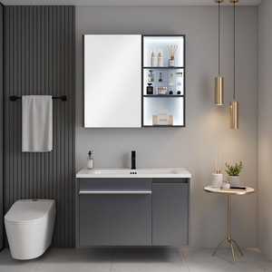 Mobile Bagno Moderno Grigio Sospeso in Legno Massello con Lavabo Integrato in Ceramica e Specchio LED Intelligente - Product Image 1