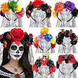 Diadema de Flores del Día de Muertos con Detalles de Calaveras, Corona de Pelo Gótica con Velo para Celebraciones Festivas - Product Image 1