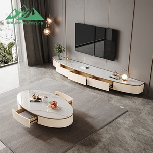 Meuble TV moderne de luxe en bois avec plateau en marbre et ensemble table basse assortie, doté d'une <span class=keywords><strong>console</strong></span> beige et d'un design d'armoire flottante - Product Image 4