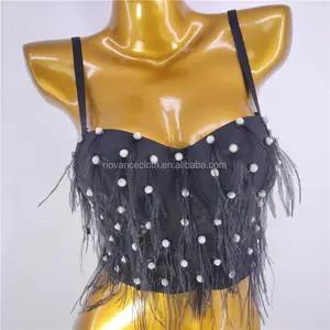 NOVANCE new products diamonds shiny pearls black feather top women's tank tops summer suspenders heavy industry beaded tube top