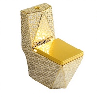 WC monobloc en céramique de luxe doré de haute qualité, à double chasse, avec chasse d'eau diamantée, siphon en P et abattant à fermeture douce, pour usage hôtelier