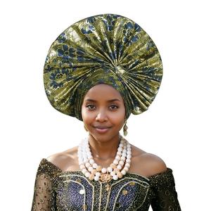 Tissu nigérian Aso Oke Fashion Headtie Ankara avec perles pour les fêtes sorties décontractées mariage dernière conception Bonnet - Product Image 2