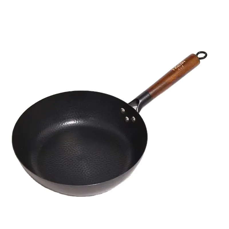 Wholesale Cast Iron Wok pan Black Carbon Steel Frying Pan Induction 28cm Frying Pan with Wooden Handle