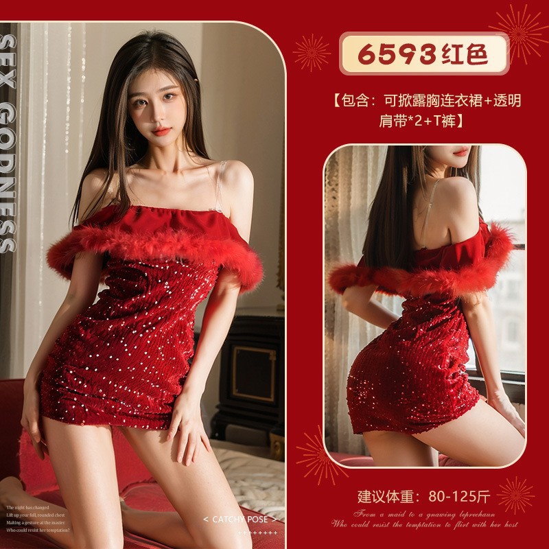 6593 red-dress+transparent shoulder straps2+t-pants