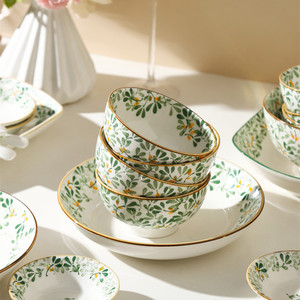 Phong cách hiện đại Màu Xanh Lá Cây bắn mô hình decal gốm Bát và tấm sứ đồ ăn <span class=keywords><strong>Set</strong></span> với màu vàng hoặc màu xanh lá cây rim - Product Image 2