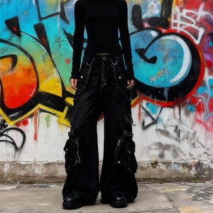 Denim-Baumwoll-Polyester Bootcut Vintage High-Waist <span class=keywords><strong>Jeans</strong></span> mit 3D-Seitentaschen und Bändern, Schwergewicht, Maßanfertigung <span class=keywords><strong>in</strong></span> Schwarz - Product Image 2