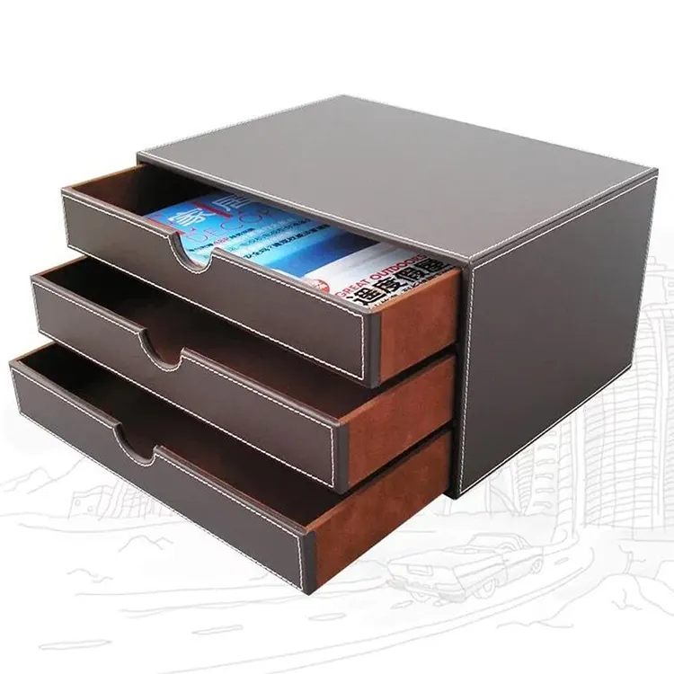 Hot Sell Leather Desktop Drawer Organizer File Cabinet Magazine Document Holder Office Supply Desk Storage Organizer Box