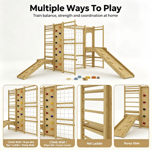 Gymnase mural d'activités pour tout-petits <span class=keywords><strong>en</strong></span> <span class=keywords><strong>bois</strong></span> naturel de qualité supérieure <span class=keywords><strong>avec</strong></span> poignées d'escalade, échelle <span class=keywords><strong>en</strong></span> corde, toboggan et <span class=keywords><strong>anneaux</strong></span> de trapèze - Product Image 4