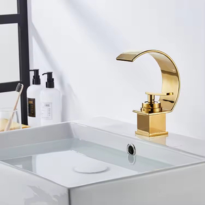 Robinet de lavabo moderne à poignée unique noir et or, mitigeur de salle de bain moderne, robinet cascade eau chaude et froide, cartouche céramique - Product Image 5