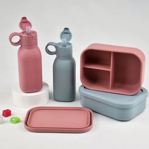 Portable 3 Compartment Bpa Free Silicone Bento <b>Lunch</b> Box Kids Water Bottle <b>Set</b> Leakproof Lid Microwavable Eco-Friendly School - Product Image 5
