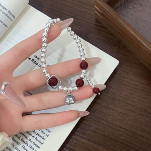 S925 Sterling Silver Cinnabar <b>Bead</b> <b>Bracelet</b> With Fortune Charm Geometric Design Women's Everyday Wear Jewelry - Product Image 1