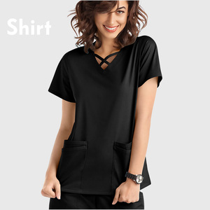 Women's Solid Color Medical Scrub Top Short Sleeve Cross Neck Design Moisture Wicking Knitted Blouse Hospital Uniforms - Product Image 3