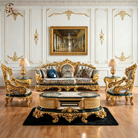 Ensemble de canapés classiques néoclassiques luxueux en bois massif, sculptés à la main, plaqués or turc, jacquard de soie, mobilier européen pour la maison
