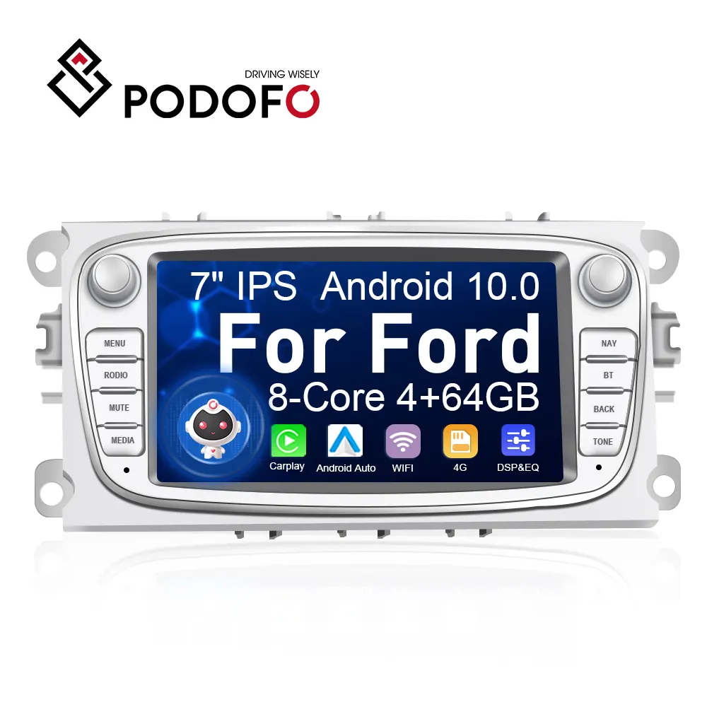 Podofo 8Core 4 64Gb 7 "Autoradio 4G Wifi Android 13 Ai Voice Carplay Android Auto Fm/Am/Rds Gps Dsp Eq Ahd Camera Voor Ford