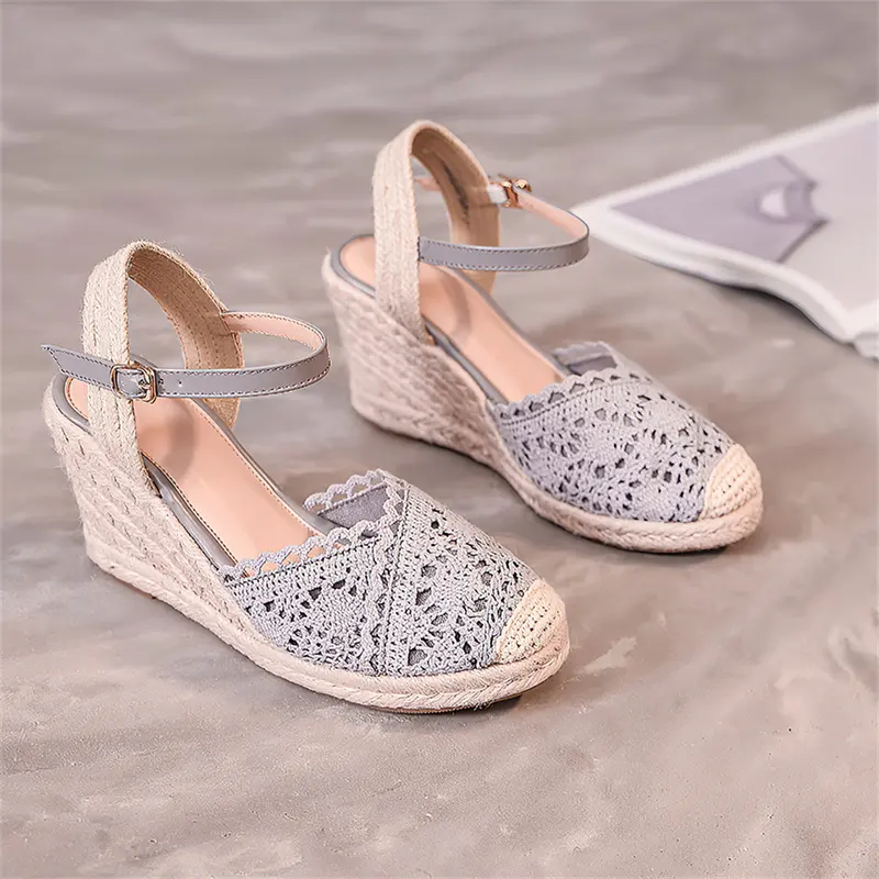 Sepatu Musim Panas Sol Tebal Wedges Spanyol Renda Sol Rami Sepatu Nelayan Tas Sandal Ujung Tas Ladie Espadrilles Sandal Wanita