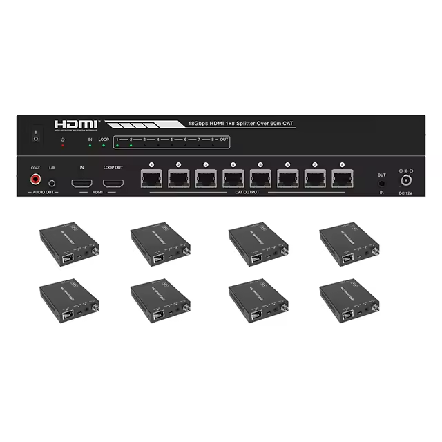 HDMI 1X8 Splitter Extender 1 Input 8 Output Kit 2.0B HDMI Over Cat5e/6 up to 60m with 1 Loopout 4K60Hz 4:4:4 HDCP2.2