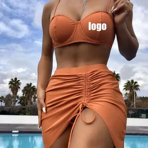 2024 Sexy Luxury Golden Color 3 Piece Set <strong>Swimsuit</strong> <strong>With</strong> Short <strong>Skirt</strong> <strong>Womens</strong> Cover up Swimwear Beachwear Custom Shiny Bikini Set - Product Image 1