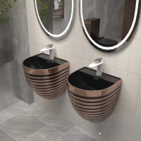 Raya dorada, negro y gris, una pieza, p-trap/s-trap, tornado sifónico/sin montura, juego de inodoro para colgar en la pared, lavabo colgado en la pared