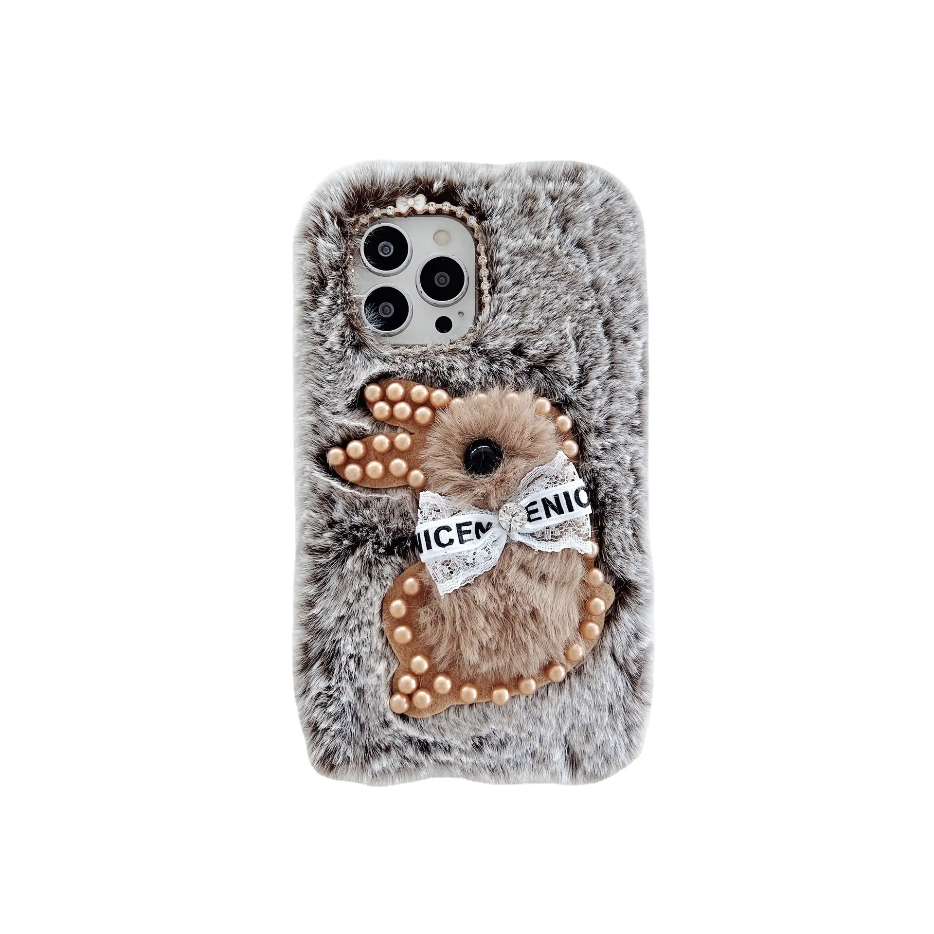 Girly 2022 Hot Sell Multicolor Ultra Soft Hand Warm Unique White Fur Cover Pearl Cute Bear Plush Phone Case For Iphone 14 Plus