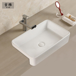 Lavabos de salle de bain rectangulaires artistiques en céramique monobloc à trou unique pour comptoir, vente en gros, 595x370x130mm - Product Image 1