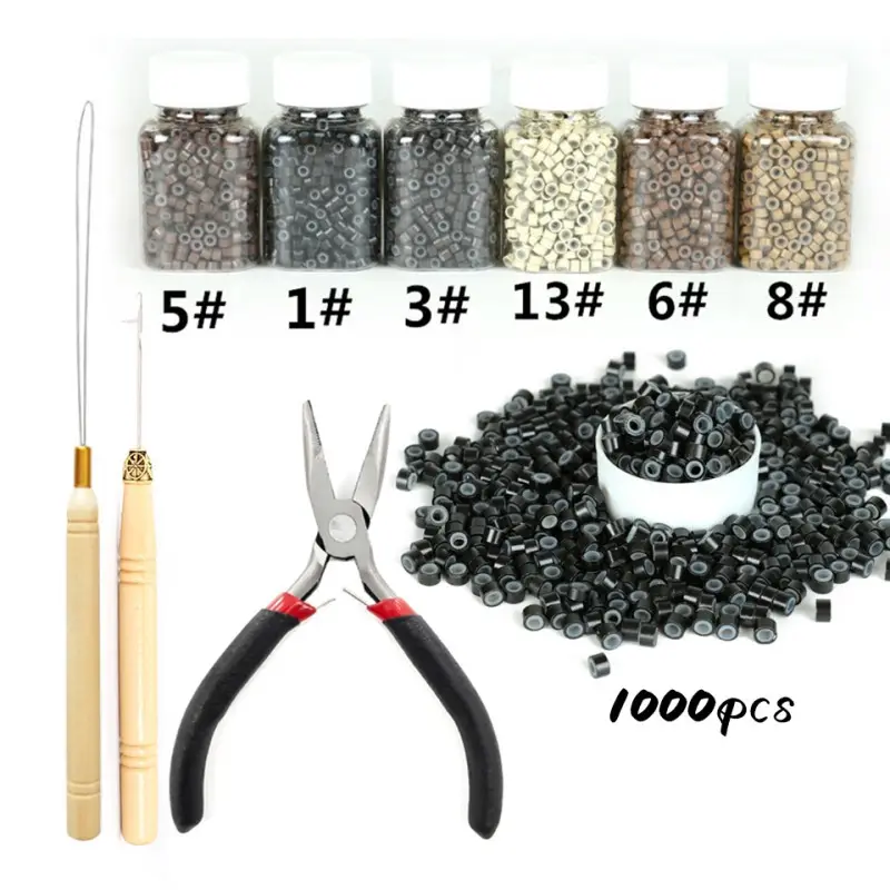 Pulling Needle 1000pcs Micro Rings Pliers Set For Tip Hair Silicone Lined Micro Link Ring Hair Extension Tool Kit