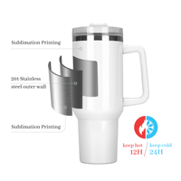 Gobelet isotherme de 40 oz avec poignée, en acier inoxydable, personnalisable avec logo par sublimation, pour cadeaux promotionnels en gros, tasse à café de voyage