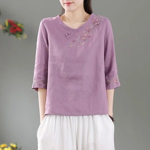 Women's Cotton Linen <b>Shirt</b> Purple Embroidered Floral Mid Sleeve Loose Fit Vintage Style Everyday Wear - Product Image 1