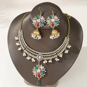 Wholesale Style Middle Eastern Tikka Indian Pakistani Tassel Turquoise Bride Beaded Stone Choker Necklace Jewelry Gold Set