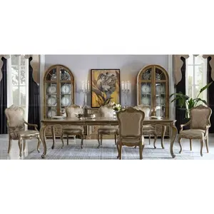 Italian neoclassical furniture pearl grey wooden rectangular dining table set with leather chairs