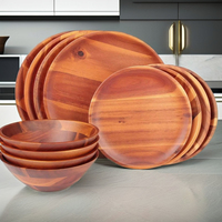 Vaisselle en bois d'acacia naturel pour cuisine de restaurant Bol de service rond écologique Ensemble d'assiettes et de bols en bois poli