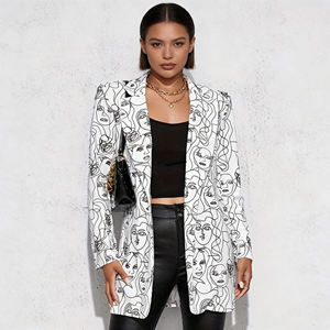 Oferta especial en Temu: Blazer largo con estampado de rostros a la moda para mujer, cuello de solapa, abertura frontal, abrigo informal para el trabajo y uso diario. - Product Image 6