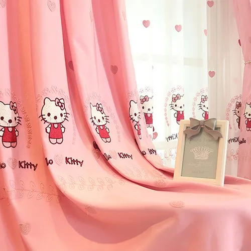 Güzel karikatür desen Hello Kitty % 100% polyester baskılı karartma perdesi, hazır perde alev geciktirici