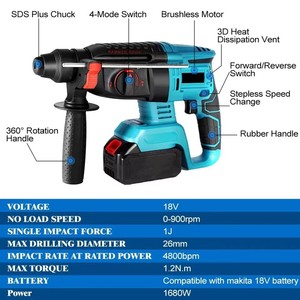 Martillo Rotatorio Eléctrico de 26 mm, Solo Cuerpo de Máquina, Compatible con Batería Makita de 18 V, Taladro Percutor Manual para Bricolaje - Product Image 1