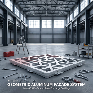 Système de façade en aluminium géométrique, panneau de mur rideau perforé découpé au laser, revêtement extérieur de bâtiment - Product Image 1