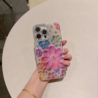 Coque de téléphone fleur de peinture à l'huile de strass bleu haut de gamme pour iPhone 15 14 13 12 11 pro max couverture arrière dure anti-chute