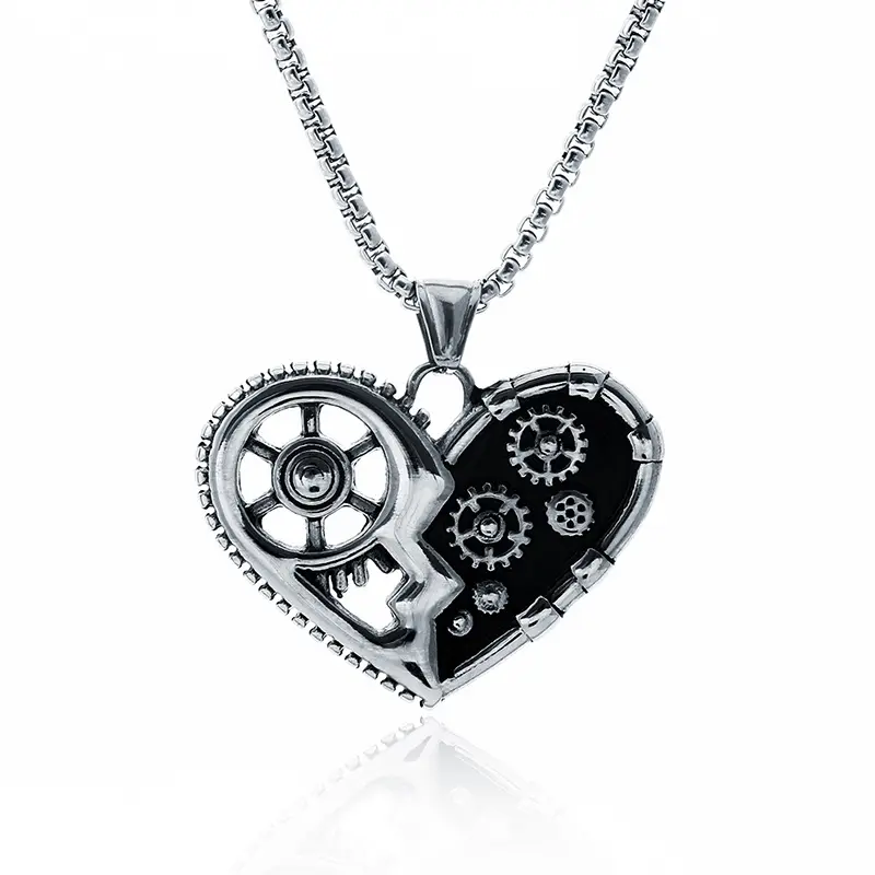 Steampunk jewelry stainless steel gear heart pendant necklace men