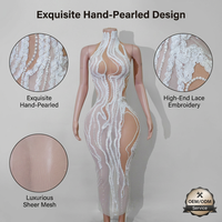 Couture Weißes Perlenbesetztes Kleid, Sexy Transparentes Mesh-Festkleid, Handgefertigte Diva-Bühnenkleidung für Roter-Teppich-Gala