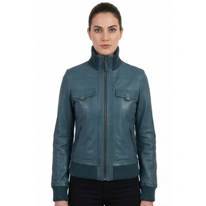 Chaqueta Bomber de Cuero Azul Turquesa para Mujer al por Mayor con Ribete de Punto Acanalado, Cuello Alto, Ecológica, Cortavientos, de Invierno, Estilo Aviador Personalizado - Product Image 1