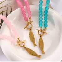 Nouveau Collier Ras du Cou Plaqué Or avec Perles et Chaîne, en Acier Inoxydable et Titane, Pendentif Poisson Koi Vintage en Pierre Naturelle, Tendance pour Fête