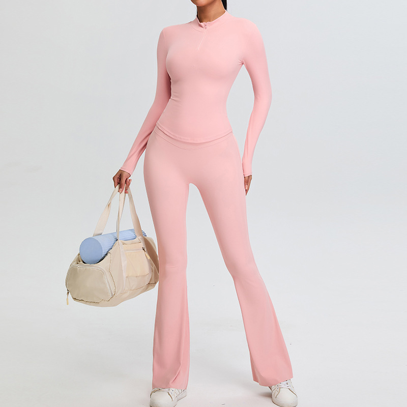 Wholesale Custom Logo Women's Two Piece Yoga Set Long Sleeve Half Zip Sports Corset Top High Waist Gym Leggings Breathable