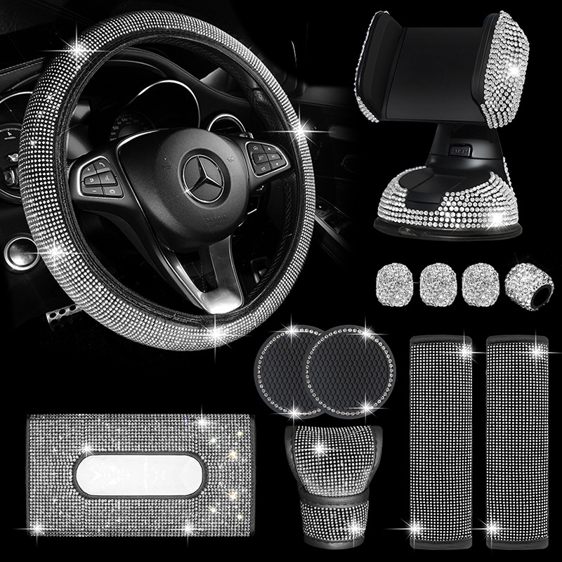 Red Lady Women Shining Silver Hot Pink Rhinestone Bling Car Steering Wheel Cover - YZORA Universal M